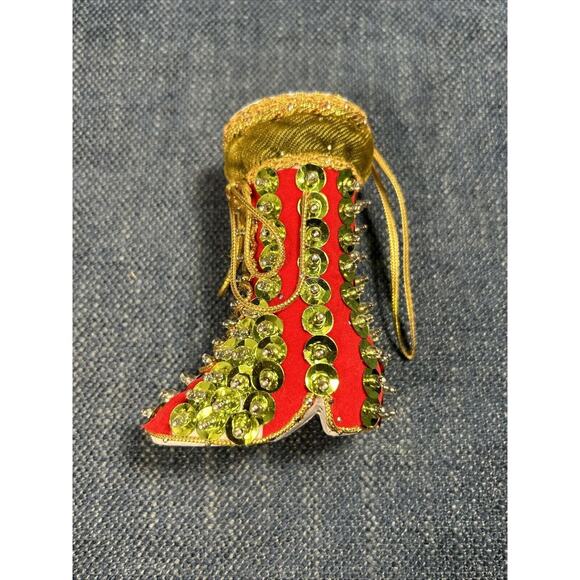 Vintage push pin Sequin Elf Boot Ornament 3.5” Handmade Christmas Holiday - Picture 1 of 8